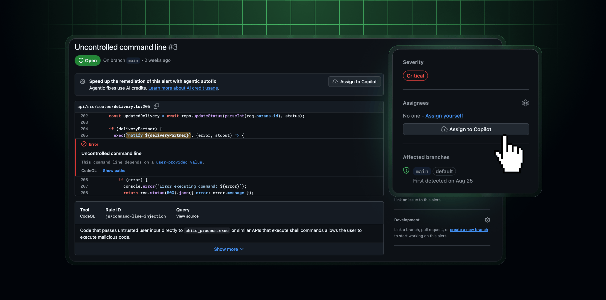 GitHub 官方截图：将代码扫描告警指派给 Copilot
